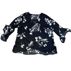 Vince‎ Camuto Black Floral 3/4 Sleeve Top 2XL Career Office Party Date Night